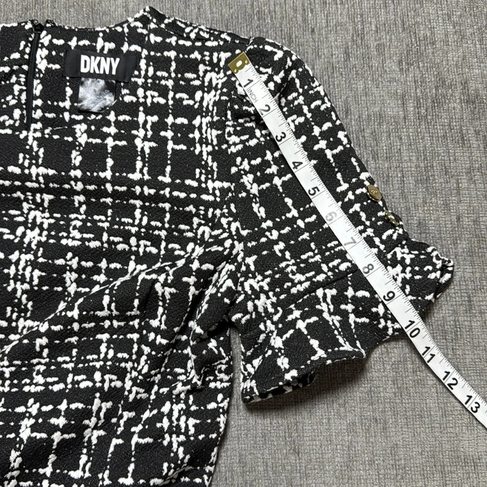 DKNY Black &‎ White Tweed Fit & Flare Knit Dress V-Neck Short Sleeve 10 Cocktail